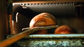 Ein Brot wird mit einem Brotschieber aus dem heißen Ofen geholt.