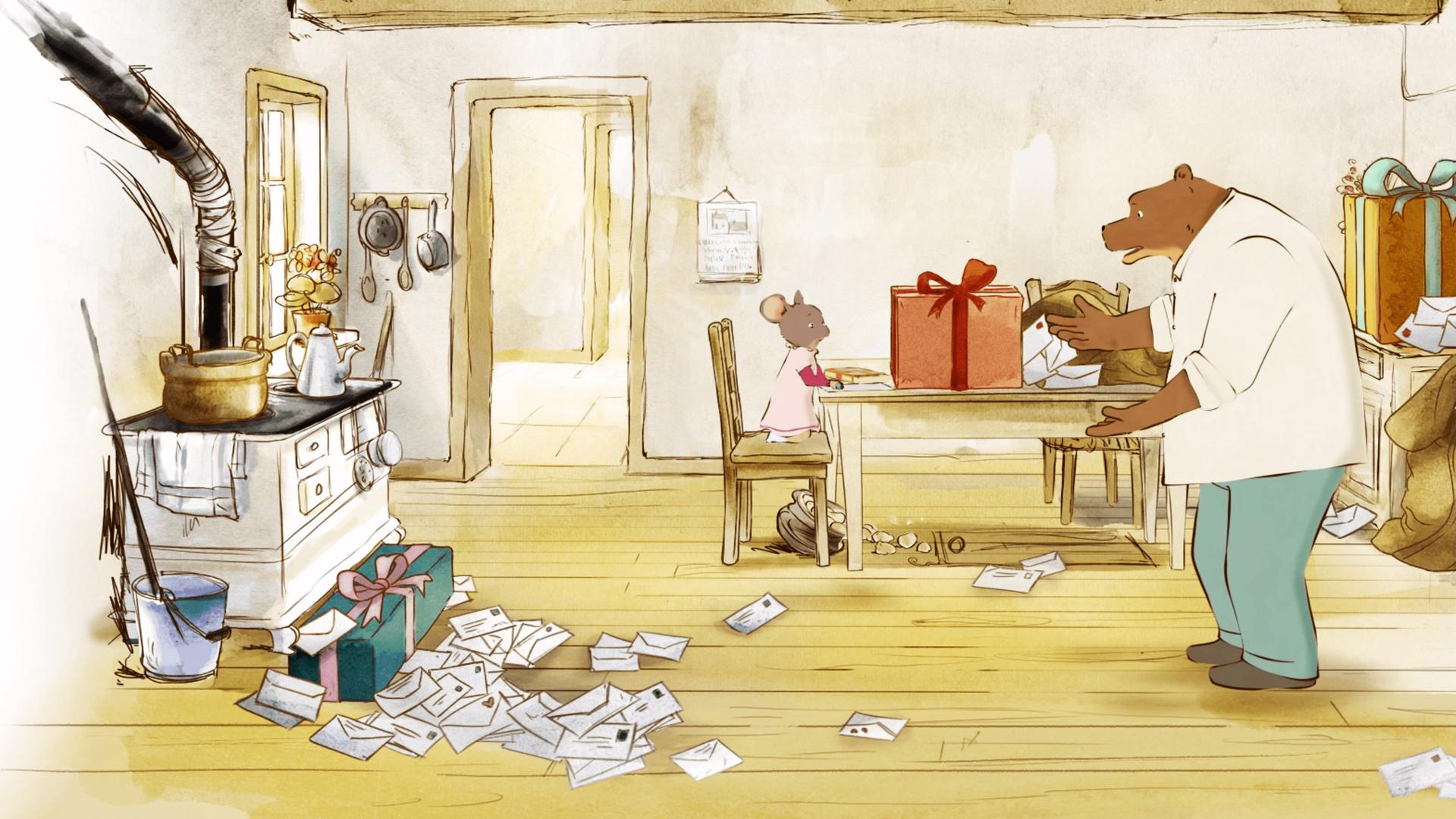 Ernest steht mit fragend ausgebreiteten Händen und verzweifeltem Blick in seiner Küche und schaut auf den Boden. Vor dem Küchenofen auf dem Boden liegen sehr viele Briefe sowie ein Geschenkpaket. Ein Putzeimer mit Besen steht neben dem Ofen. Celestine sitzt auf dem Stuhl am Tisch und schaut auf das vor ihr liegende Geschenk. Auch hinter Ernest liegen Briefe auf dem Boden sowie ein ganzer Sack mit Briefen.