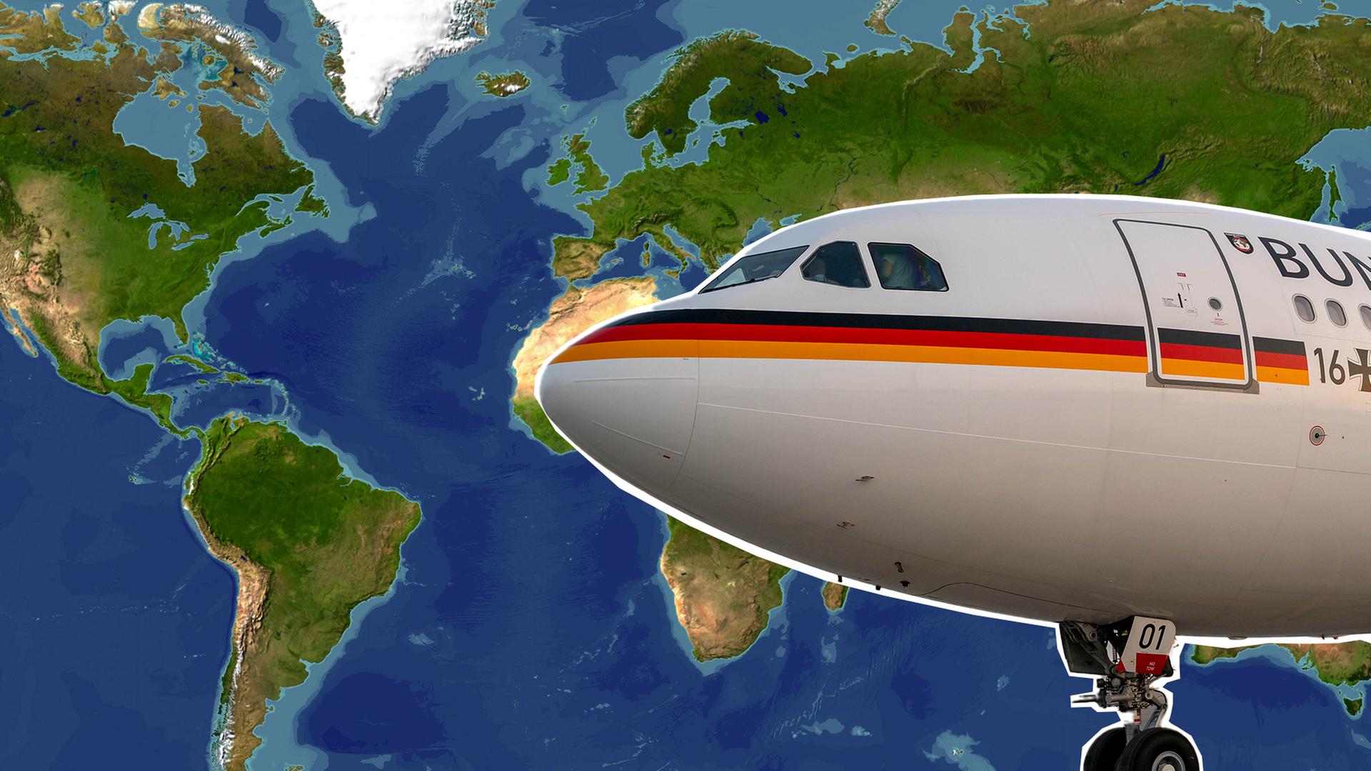 Fluzeug der Regierungsflotte vor Weltkarte