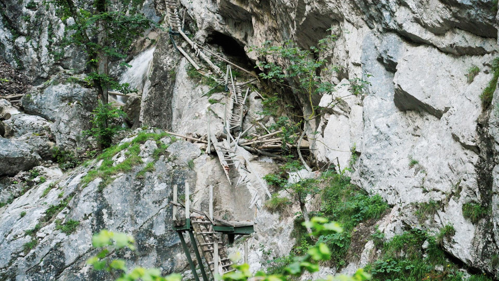 Blick in die Bärenschützklamm mit steilen Felsen und Holzbrücken