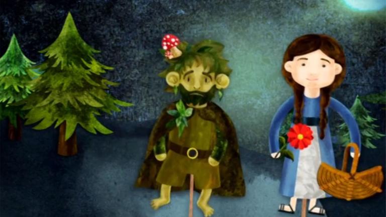 Zeichnung des grünen Bärstadt-Trolls und eines Mädchens mit langen braunen Zöpfen. Das Mödchen hält einen Korb und eine Blume in der Hand.