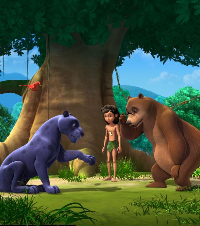 Baghira zeigt Mogli und Balu seine verletzte Vorderpfote.