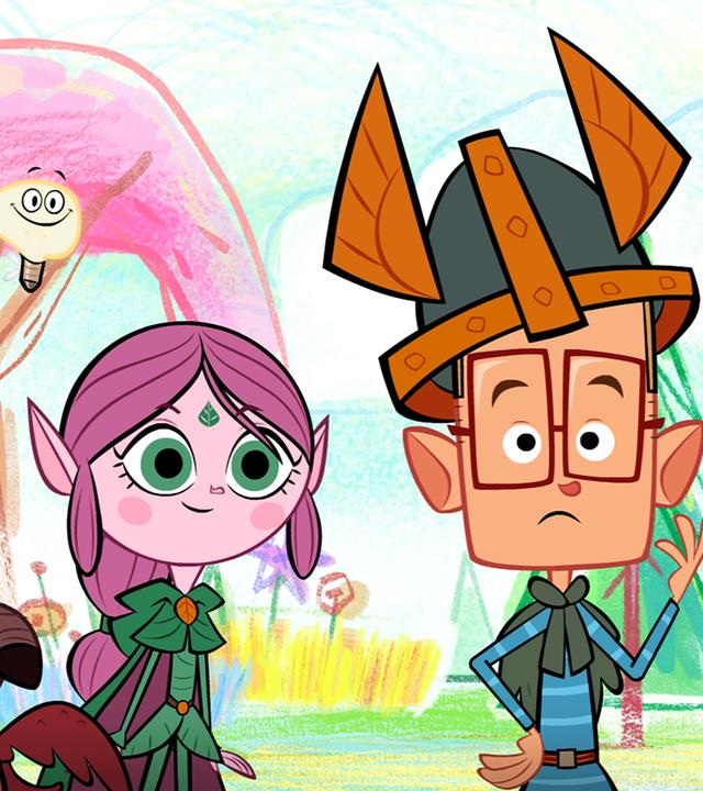 Marcus landet mit Ephi und Ratrick in einem gezeichneten Level. Hinter ihnen ist ein rosa Baum zu sehen, grüne Tannen, bunte Blumen und links neben Ratrick ein rosa Stern.