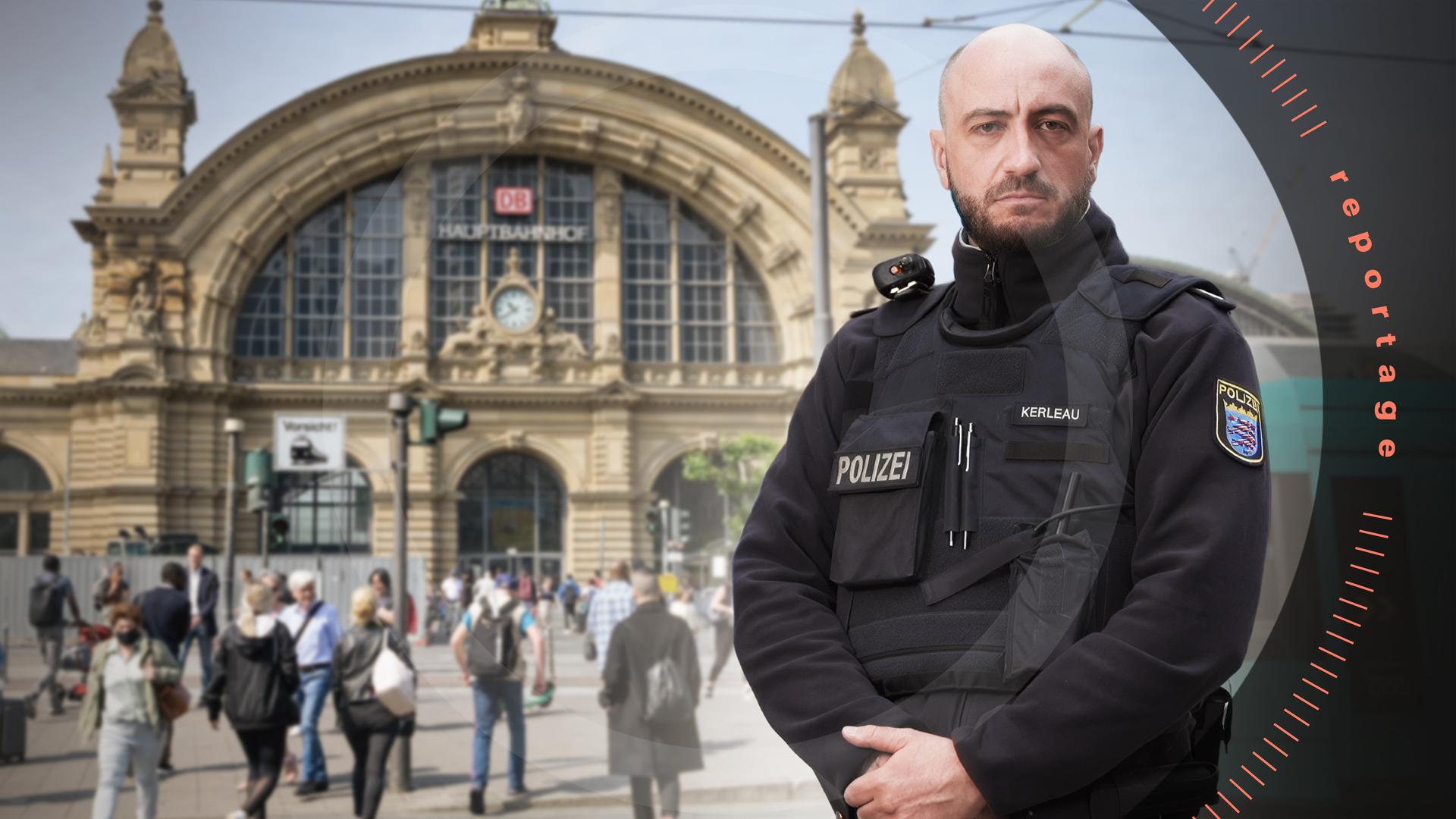 Der Polizist Daniel Kerleau steht am Frankfurter Hauptbahnhof und schaut ernst in die Kamera, seine Arme sind verschränkt.