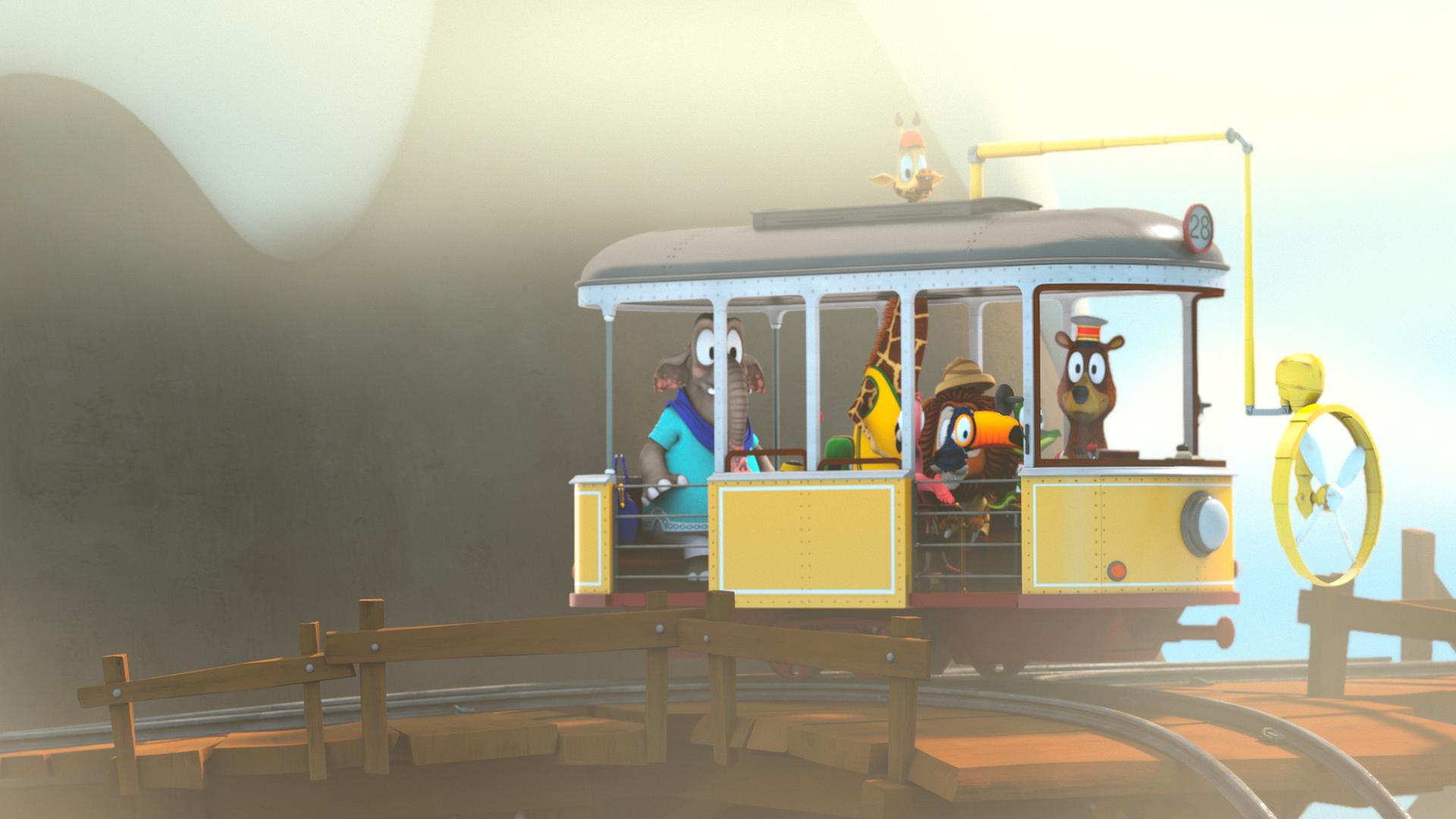 Die Zoobande sitzt in der Bahn auf einem Berg im Nebel.