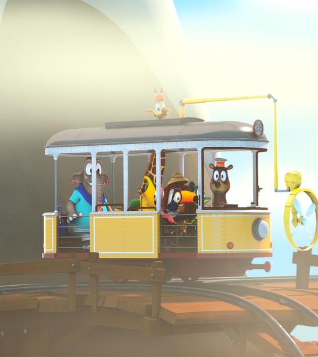 Die Zoobande sitzt in der Bahn auf einem Berg im Nebel.