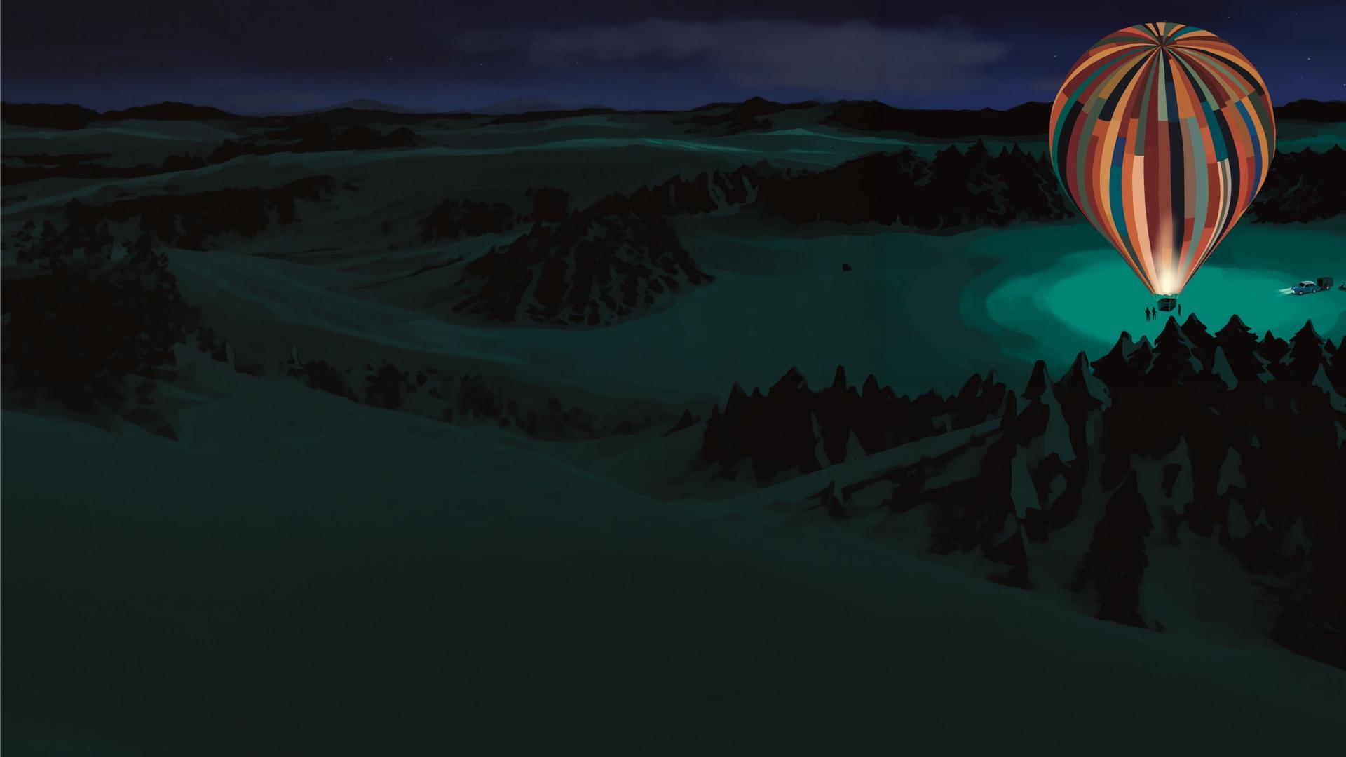 Zeichnung: In einer Waldlichtung steht nachts ein großer, bunter Heißluftballon, gefertigt aus vielen verschiedenfarbigen Stoffbahnen. Im Hintergrund steht ein Auto mit eingeschalteten Scheinwerfern.