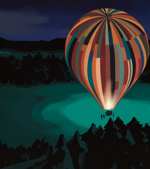 Zeichnung: In einer Waldlichtung steht nachts ein großer, bunter Heißluftballon, gefertigt aus vielen verschiedenfarbigen Stoffbahnen. Im Hintergrund steht ein Auto mit eingeschalteten Scheinwerfern.