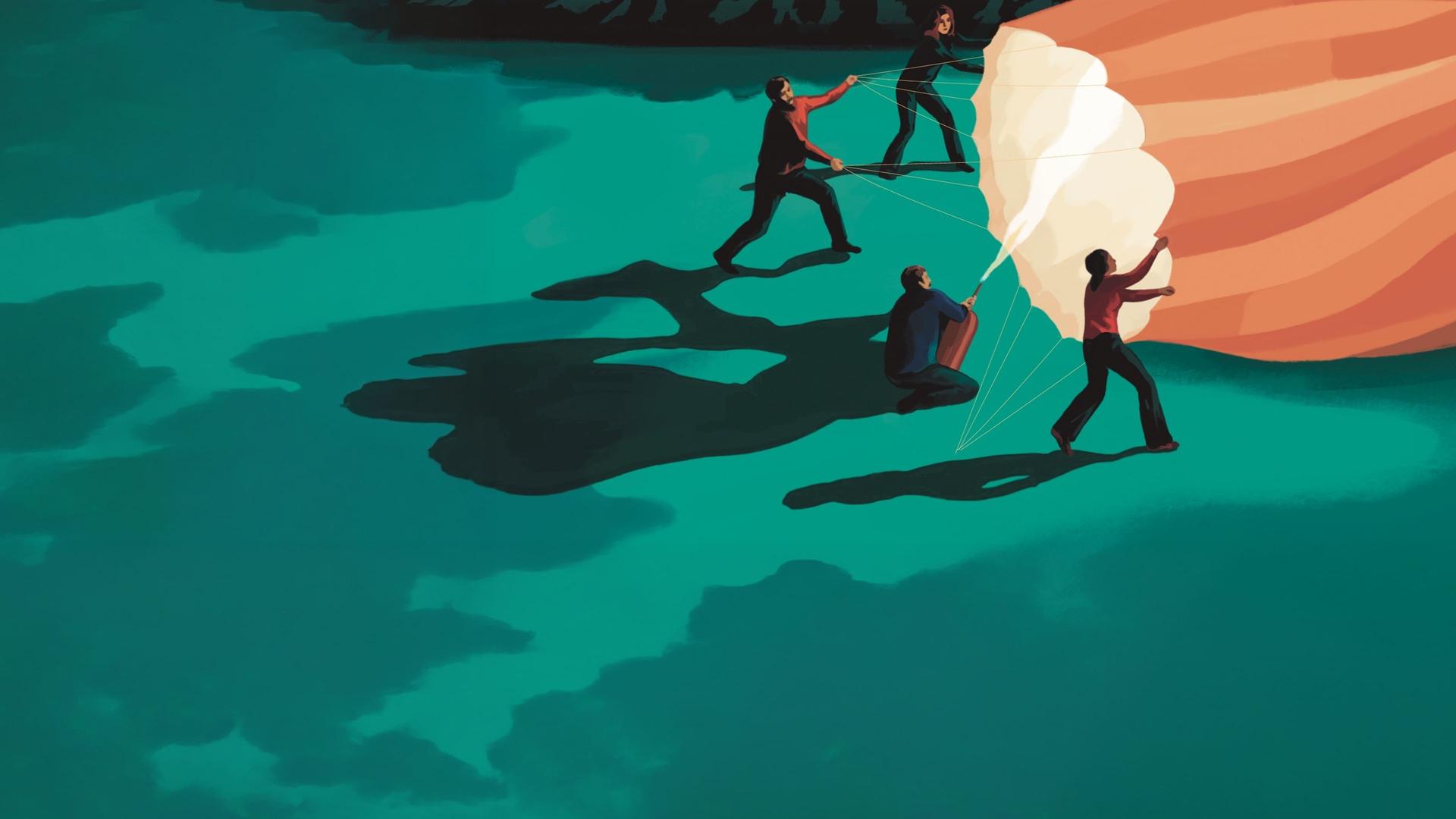 Zeichnung: Drei Menschen stehen nachts auf einer Wiese. Vor ihnen befindet sich die liegenden Hülle eines Heißluftballons. Zwischen ihnen bläst ein Brenner erwärmte Luft in die Hülle.