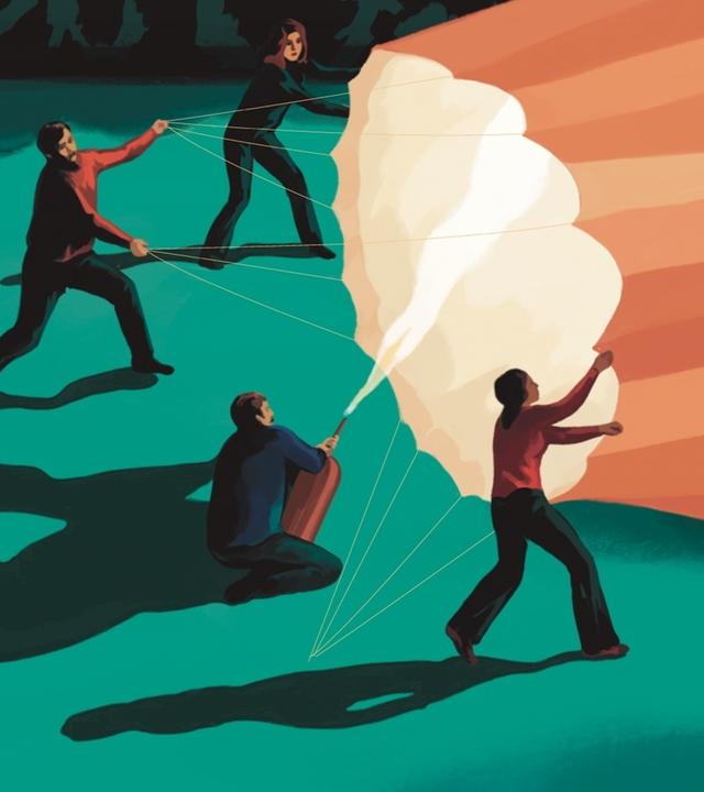 Zeichnung: Drei Menschen stehen nachts auf einer Wiese. Vor ihnen befindet sich die liegenden Hülle eines Heißluftballons. Zwischen ihnen bläst ein Brenner erwärmte Luft in die Hülle.