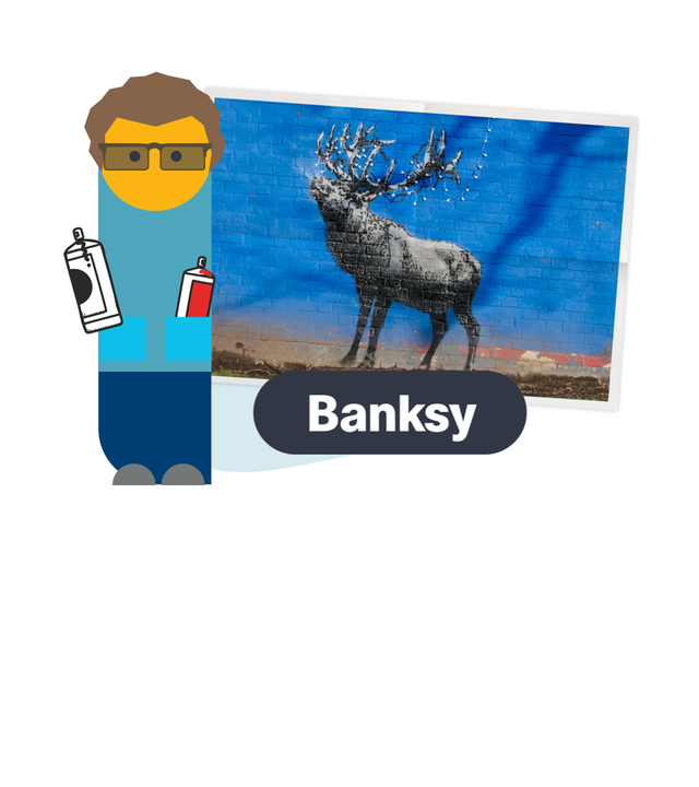 Grafik: Banksy als Emo-Figur mit Spraydose, dahinter Kunstwerk