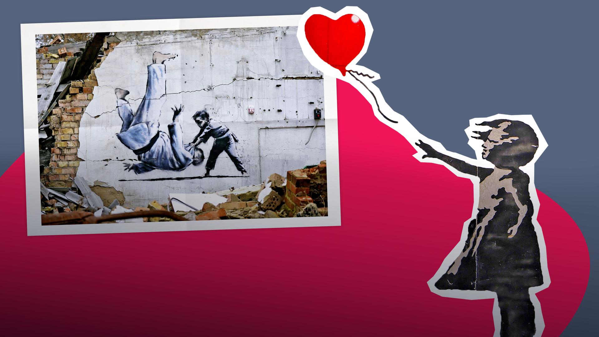 Grafik: Zwei Kunstwerke Banksys (Mädchen mit Herzluftballon und Judo-Szene) als Cutout auf blau-rotem Hintergrund