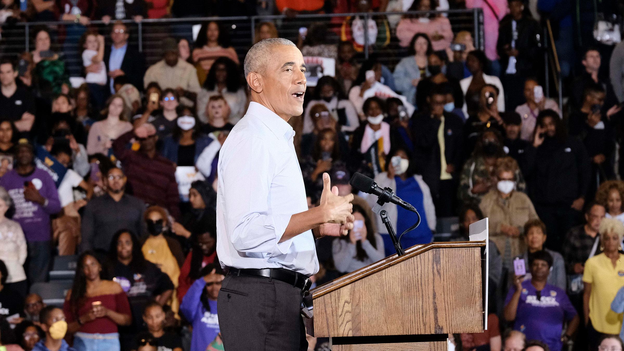 Barack Obama am 28.10.2022 in College Park, Georgia.