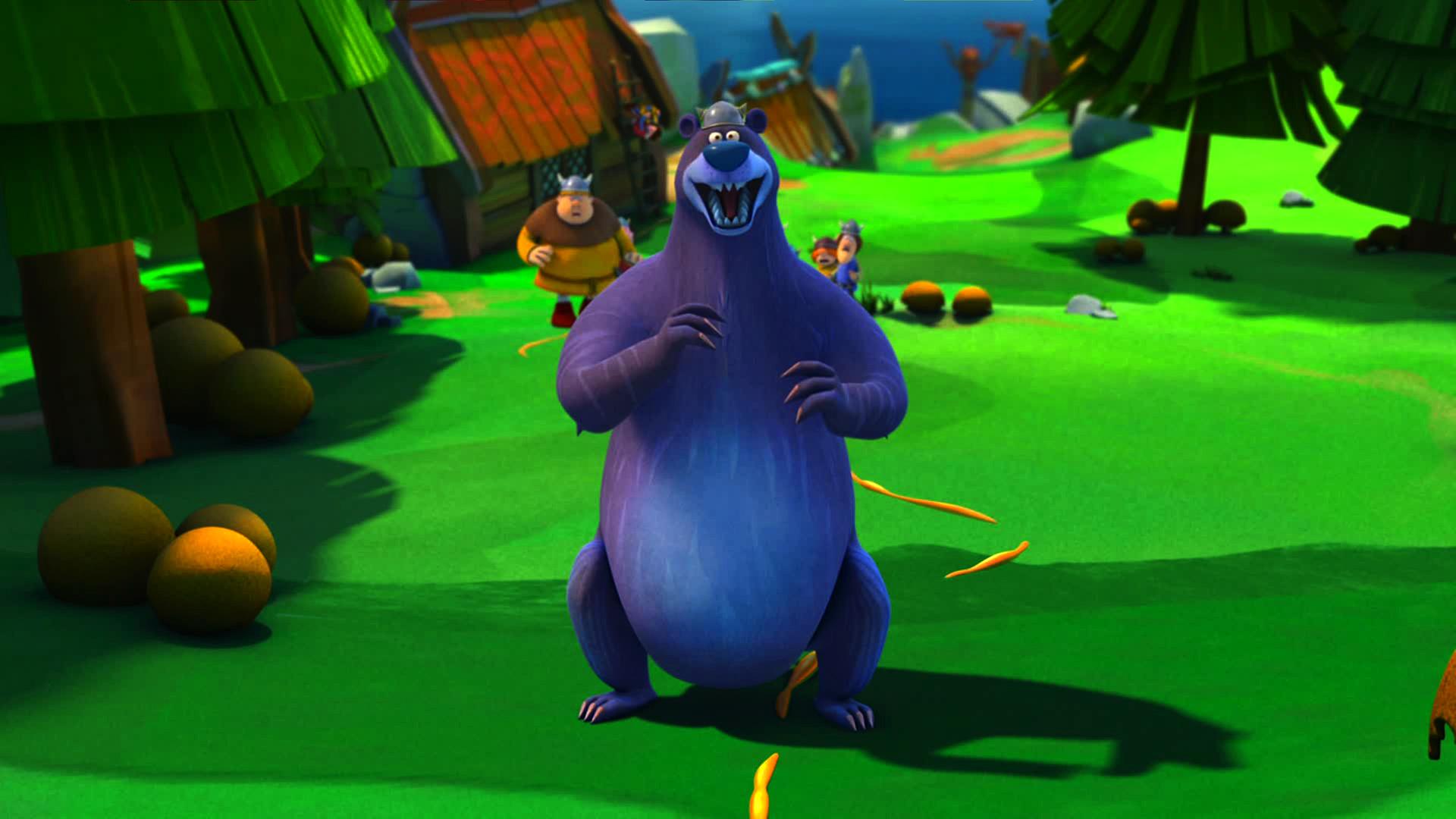 Der Bär folgt einer Honigspur. Im Hintergrund stehen Faxe, Tjure und Snorre.