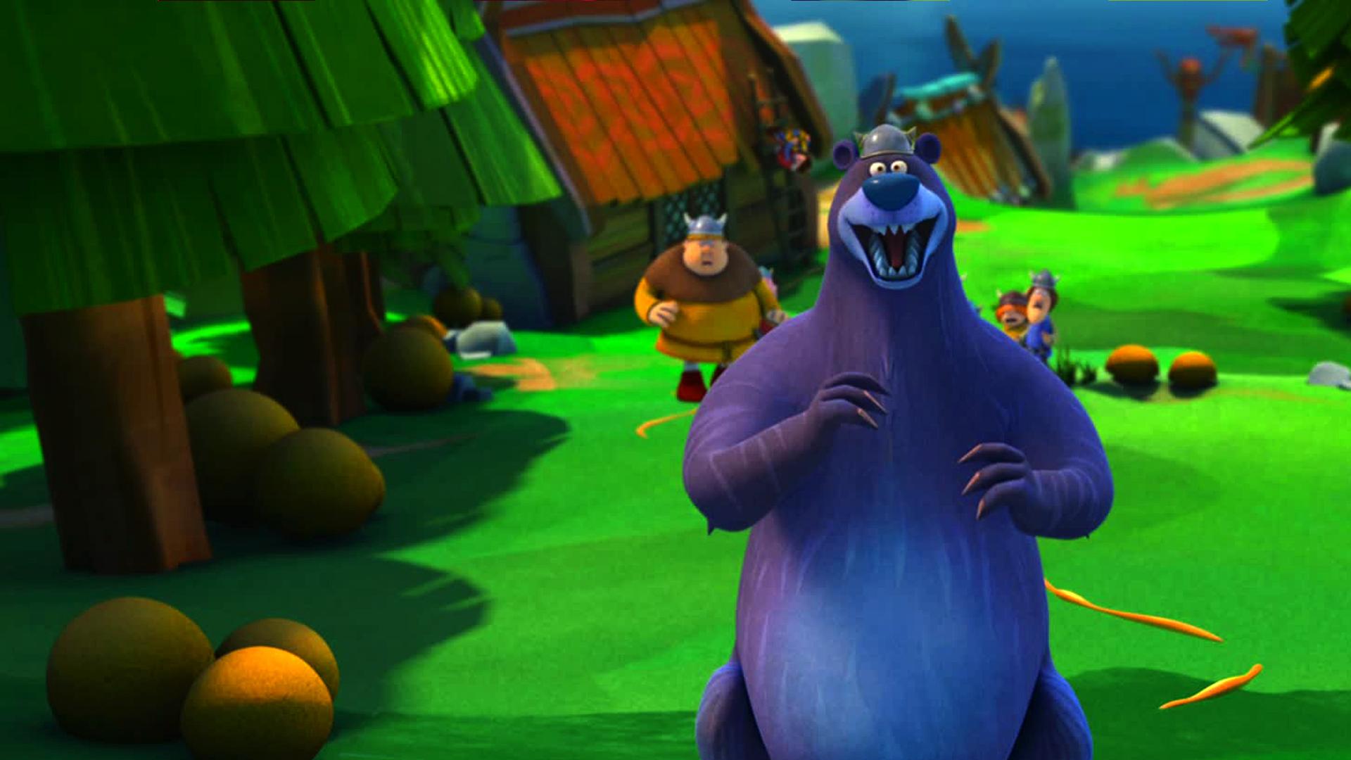 Der Bär folgt einer Honigspur. Im Hintergrund stehen Faxe, Tjure und Snorre.