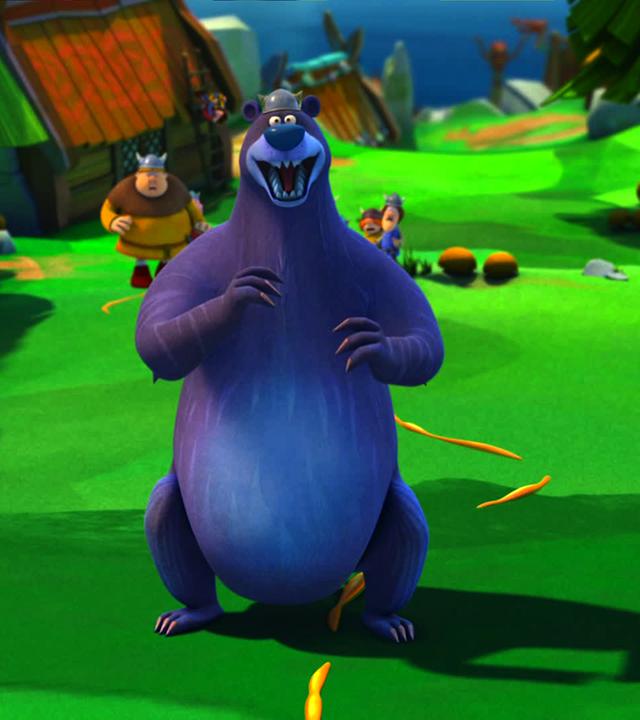 Der Bär folgt einer Honigspur. Im Hintergrund stehen Faxe, Tjure und Snorre.