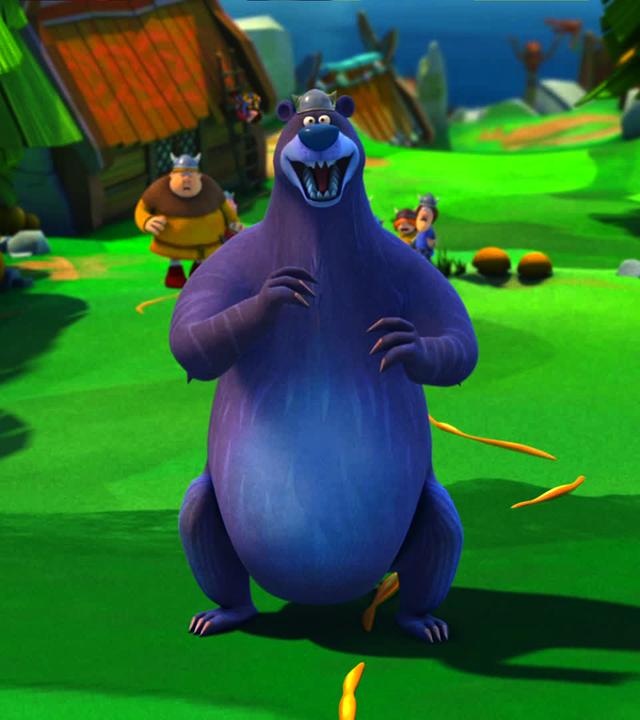 Der Bär folgt einer Honigspur. Im Hintergrund stehen Faxe, Tjure und Snorre.