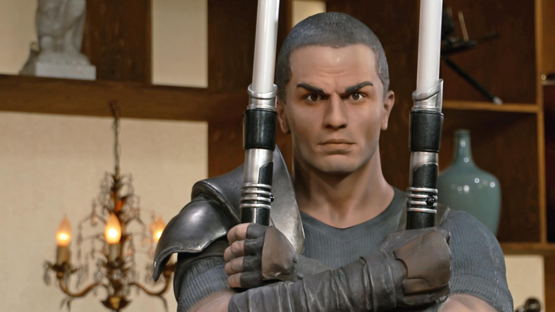 Der fiktive Charakter "Starkiller" als lebensgroßer Werbeaufsteller aus einem "Star Wars"-Videospiel 