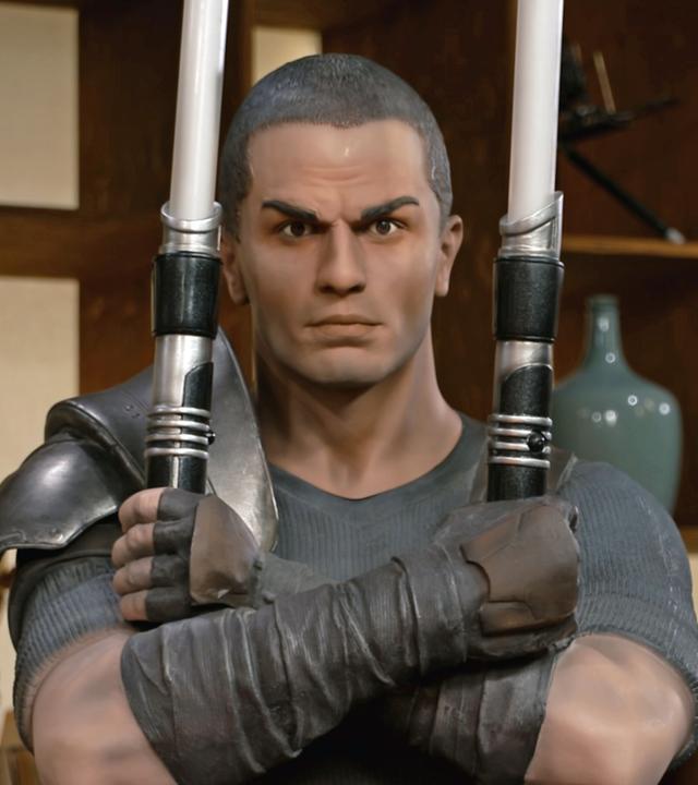 Der fiktive Charakter "Starkiller" als lebensgroßer Werbeaufsteller aus einem "Star Wars"-Videospiel 