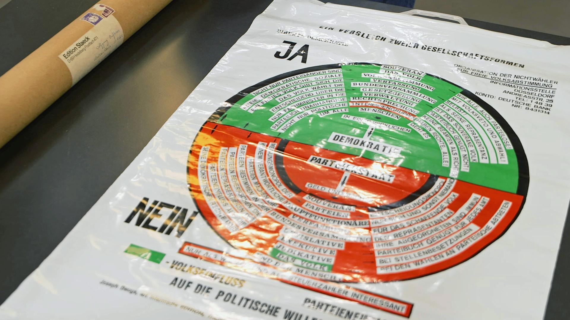 Weiße Plastiktüte mit rot-grüner politischer Zeichnung, in der Joseph Beuys den Vergleich zweier Gesellschaftsformen dargestellt hat.