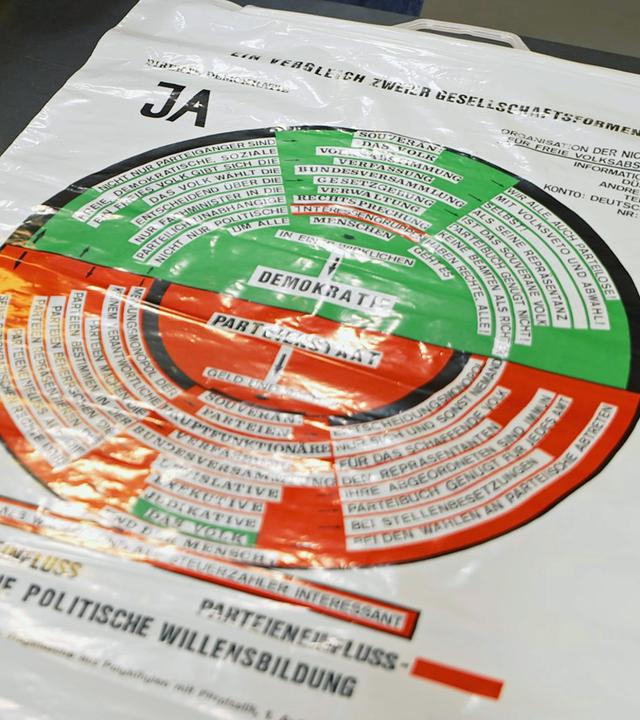 Weiße Plastiktüte mit rot-grüner politischer Zeichnung, in der Joseph Beuys den Vergleich zweier Gesellschaftsformen dargestellt hat.