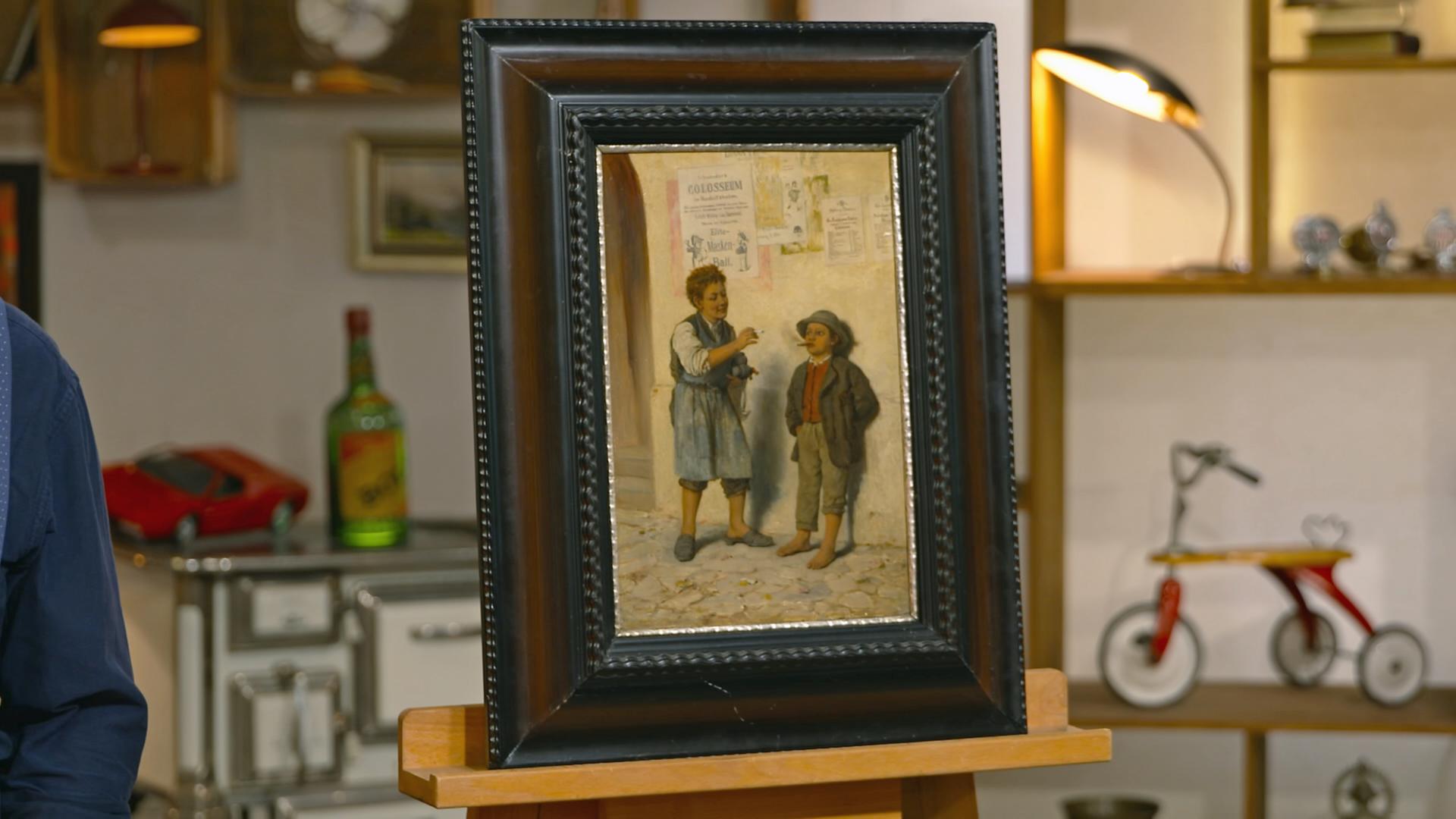 Ein Gemälde aus dem 19. Jahrhundert des Künstlers Fanciszek Streitt zeigt zwei rauchende Kinder, die an einer Hauswand stehen.