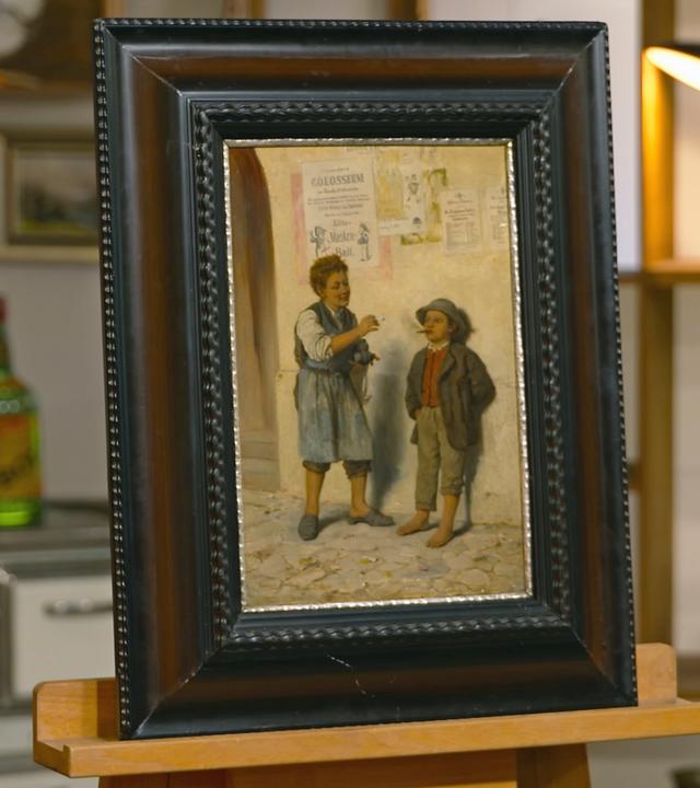 Ein Gemälde aus dem 19. Jahrhundert des Künstlers Fanciszek Streitt zeigt zwei rauchende Kinder, die an einer Hauswand stehen.