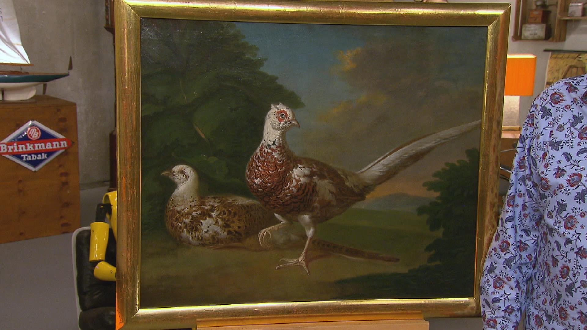 Ein altes Ölgemälde, das zwei Fasanen zeigt.