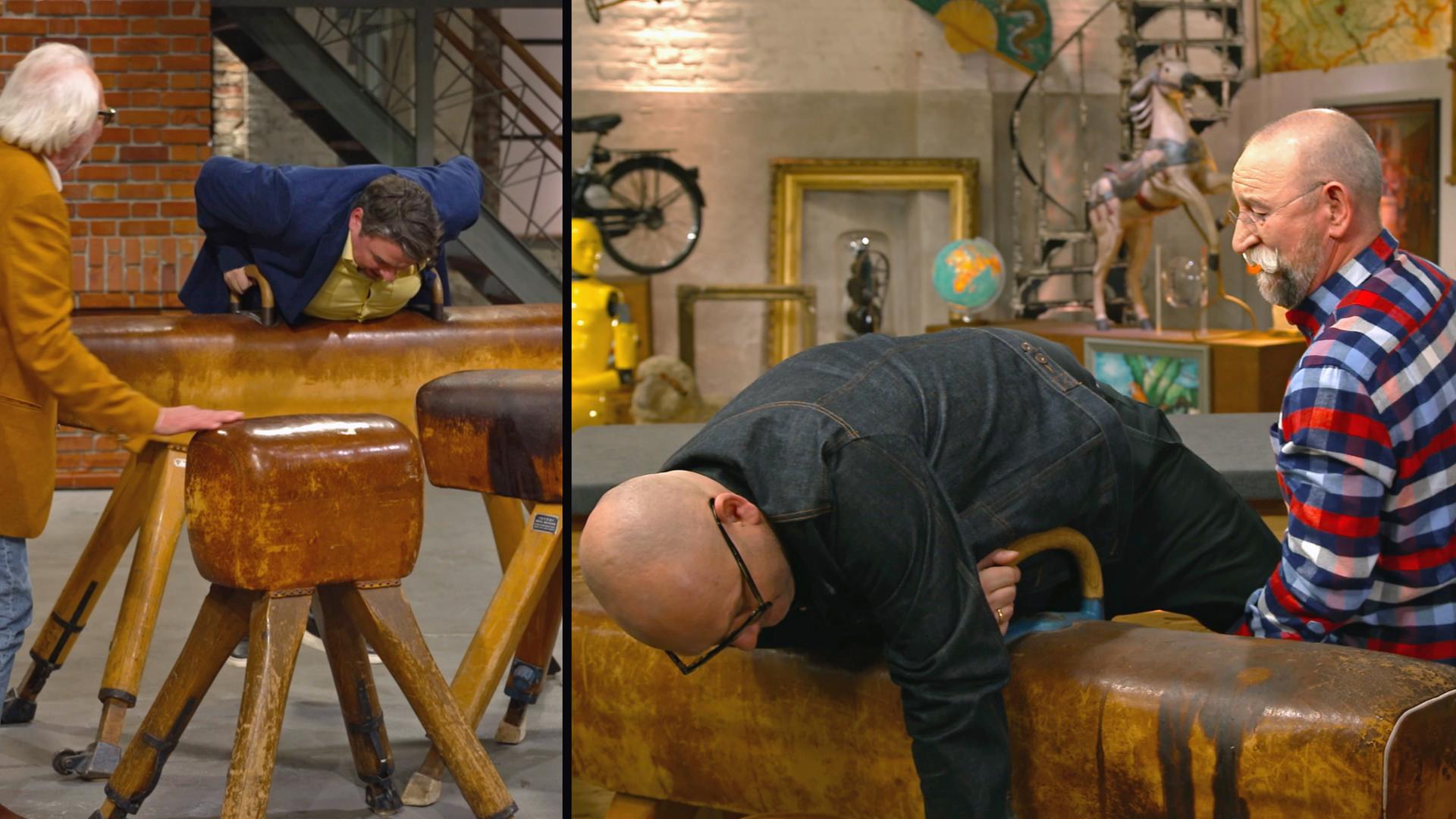 Daniel Meyer und Sven Deutschmanek probieren sich an alten Sprungböcken aus. Horst Lichter und Friedrich Häusser versuchen, ihren Kollegen dabei zu helfen.