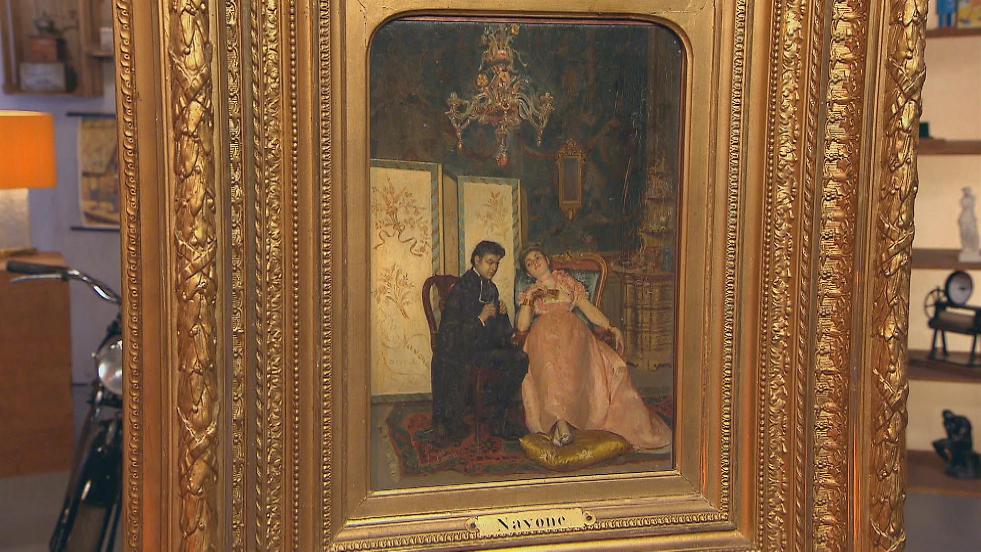 Gemälde von Edoardo Navone: Dargestellt ist ein Geistlicher, der einer jungen Dame die Beichte abnimmt.