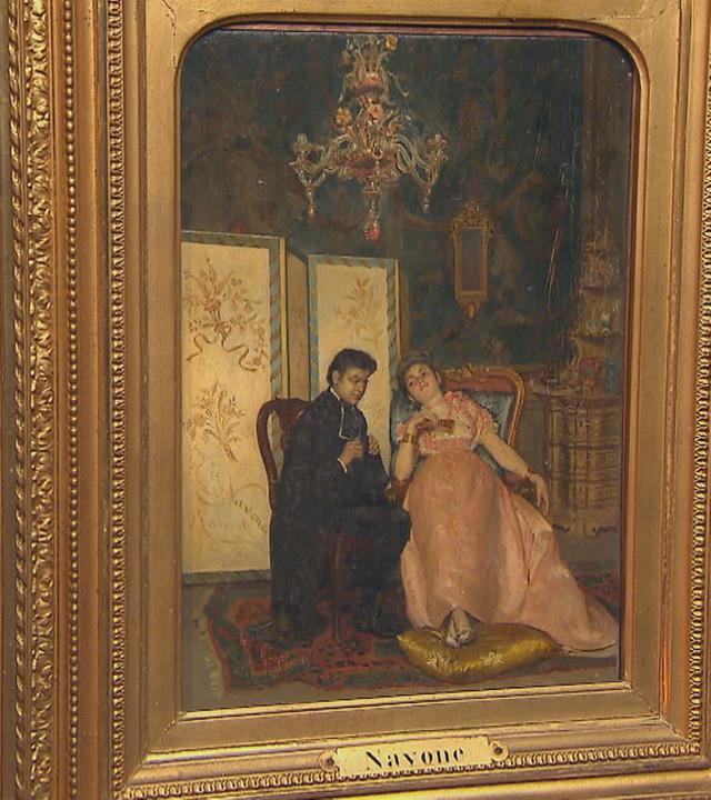 Gemälde von Edoardo Navone: Dargestellt ist ein Geistlicher, der einer jungen Dame die Beichte abnimmt.