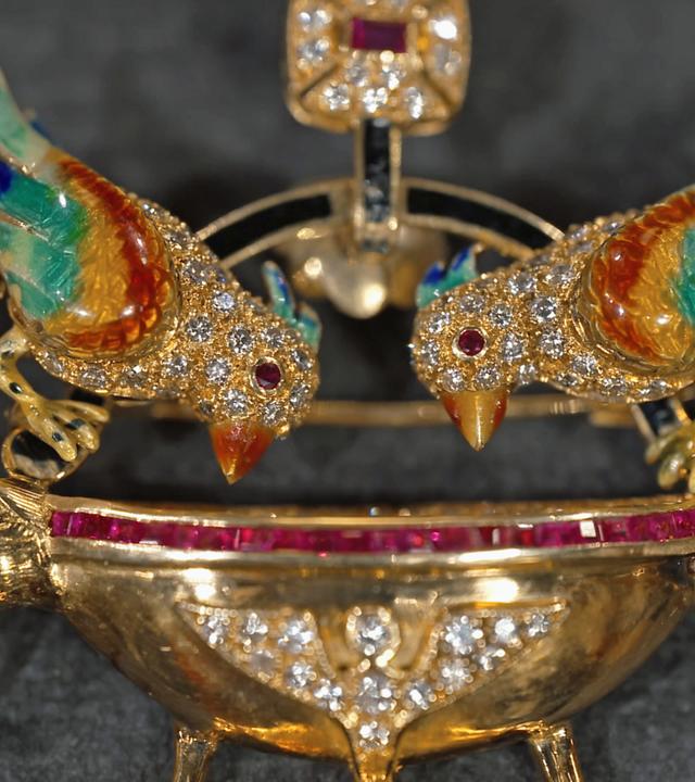 Eine Brosche mit Vogelmotiv aus Gold, Diamanten und Emaille 