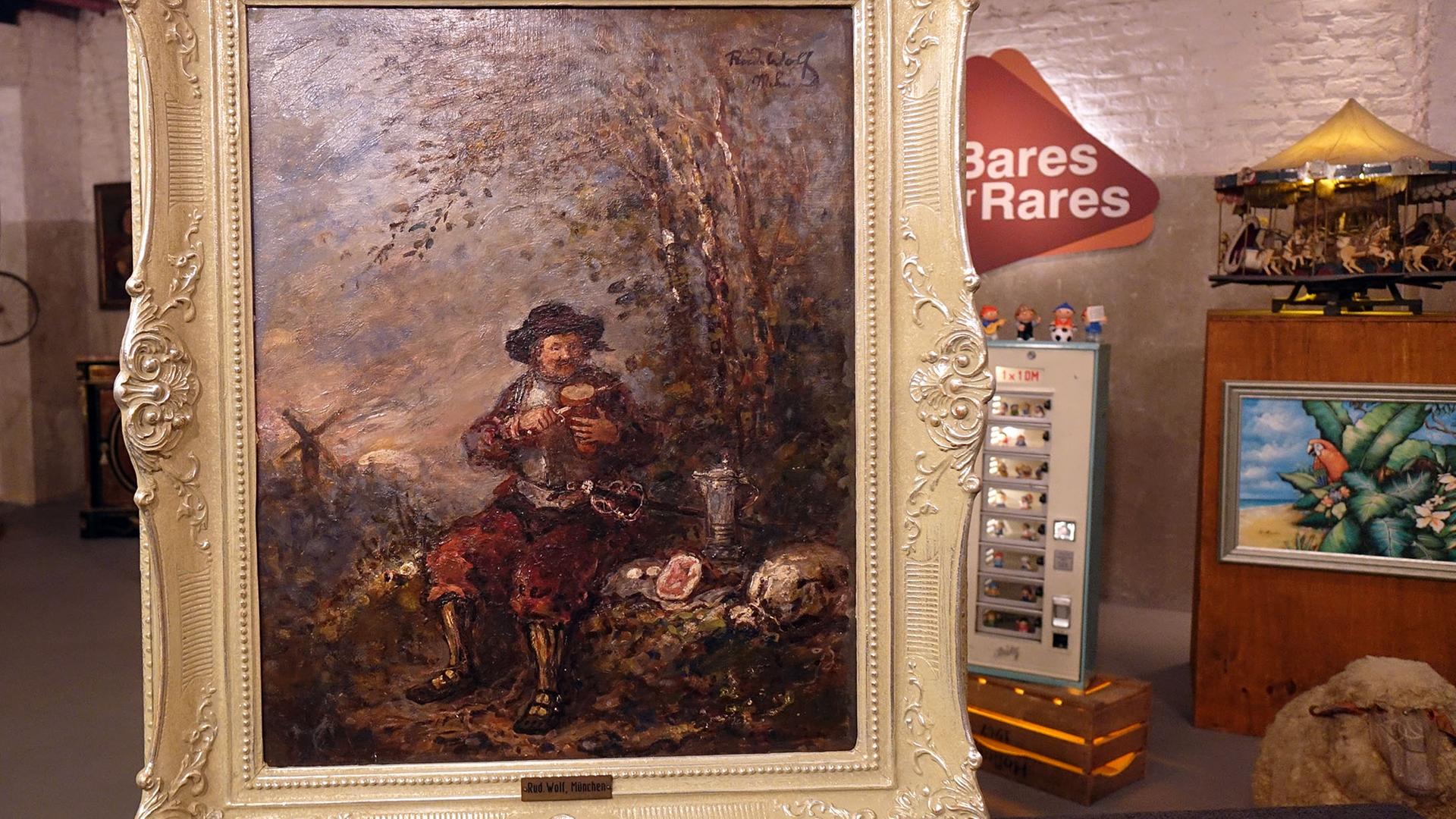 Gemälde von Rudolf Wolf. Dargestellt ist ein historisch gewandeter Herr, der eine Mahlzeit zu sich nimmt.