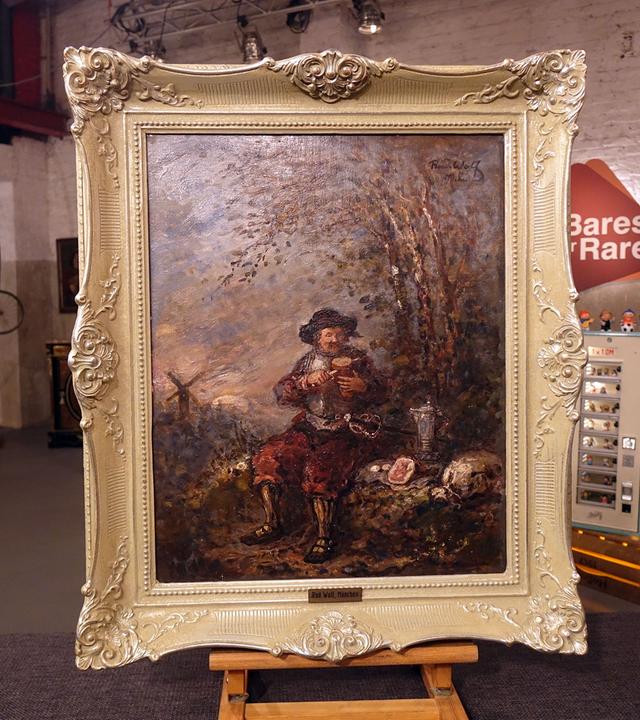 Gemälde von Rudolf Wolf. Dargestellt ist ein historisch gewandeter Herr, der eine Mahlzeit zu sich nimmt.