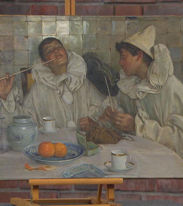 Gemälde von Paul Hoecker: Dargestellt sind zwei Harlekine, die fröhlich bei einem Gastmahl sitzen