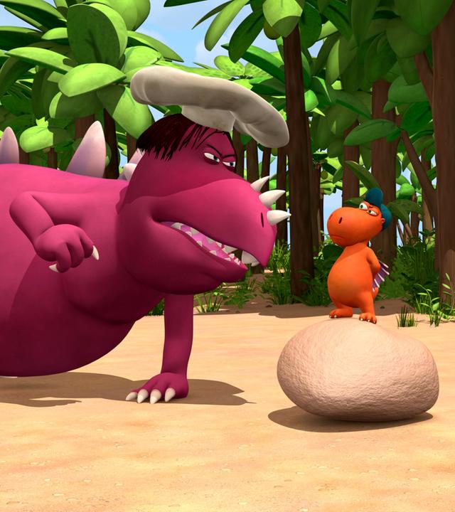 Chef muss Liegestützen machen! Kokosnuss steht auf einem Stein und blickt Chef in die Augen. Auch Adele schaut zu.