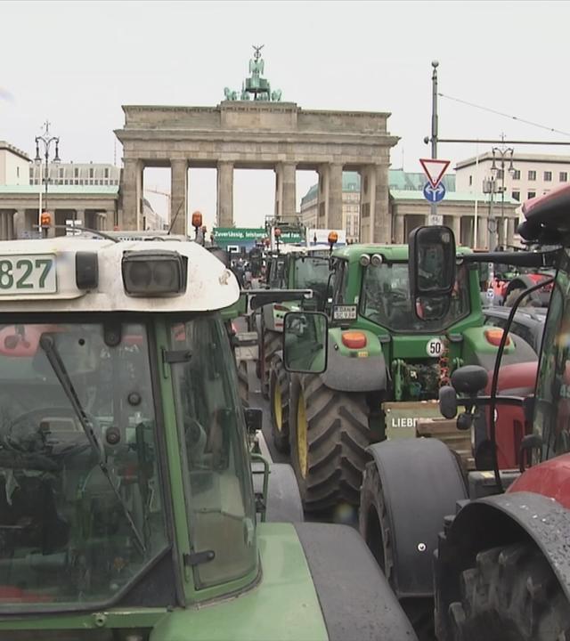 Auf dem Bild sieht man Traktoren vor dem Brandenburger Tor.