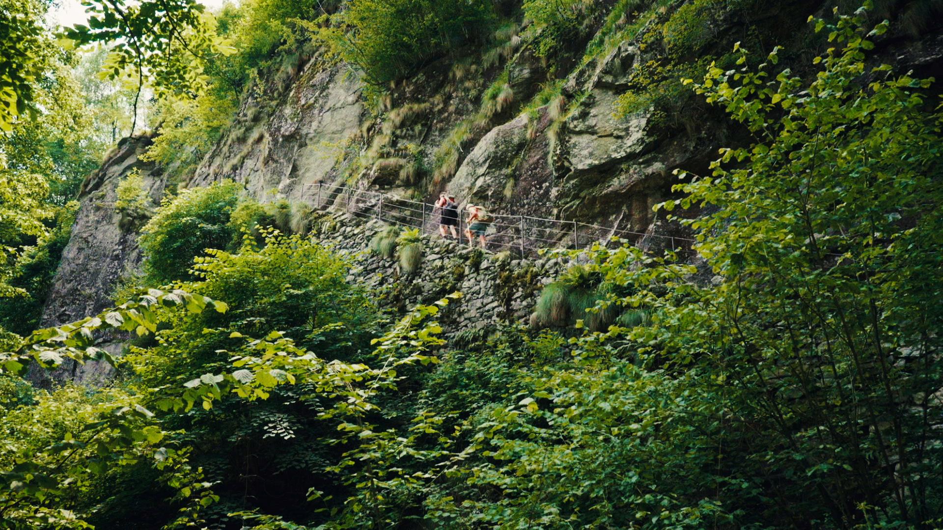 Im Bavonatal führen steile Steintreppen, gesichert durch ein einfaches Geländer, durch üppiges Grün auf entlegene Alpweiden. Zwei Wanderer sind auf den Stufen sichtbar, umgeben von der sattgrünen Vegetation des Schweizer Berglands.