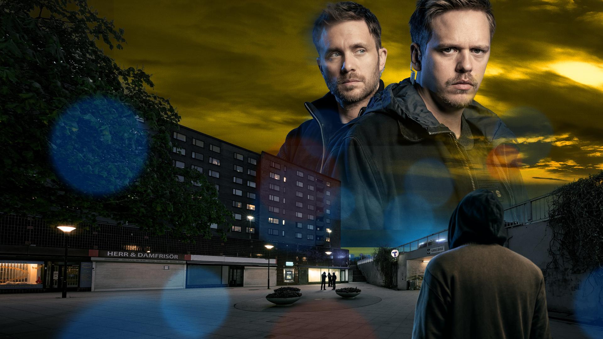 Collage: Die Kommissare Josef Eriksson und Vilhelm Beck über einem Häuserblock, dessen nächtlich erleuchtetem Eingang sich eine Person mit Kapuze nähert.