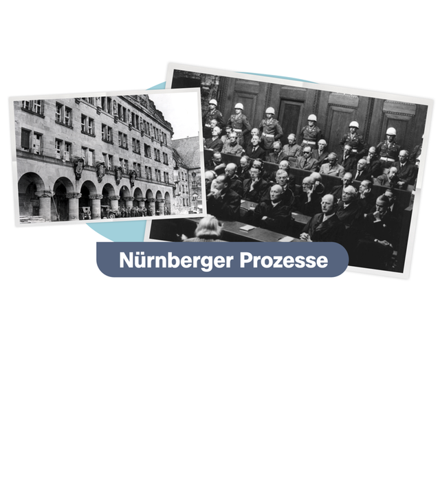 Man sieht einen weißen Hintergrund, auf dem zwei alte schwarz-weiß Fotos mit weißem Rahmen sind. Auf dem Linken Foto ist ein Gebäude abgebildet, es sieht nach einem Amt, oder Rathaus aus. Auf dem rechten Foto sind mehrere Reihen Männer zu sehen, die in einem Gerichtssaal sitzen, hinter ihnen stehen Männer in Uniform. 