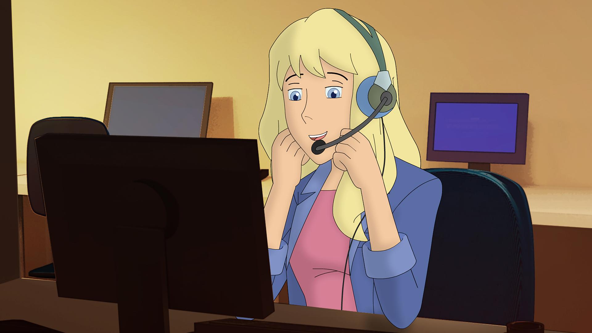 Gaby sitzt mit Headset auf dem Kopf vor einem Computer.