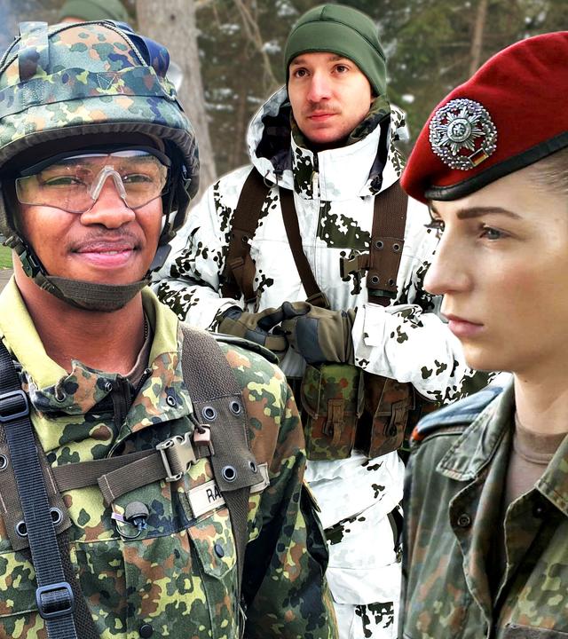 Neben einem Hubschrauber stehen drei Fotos von jungen Soldaten, zwei Männern und einer Frau.
