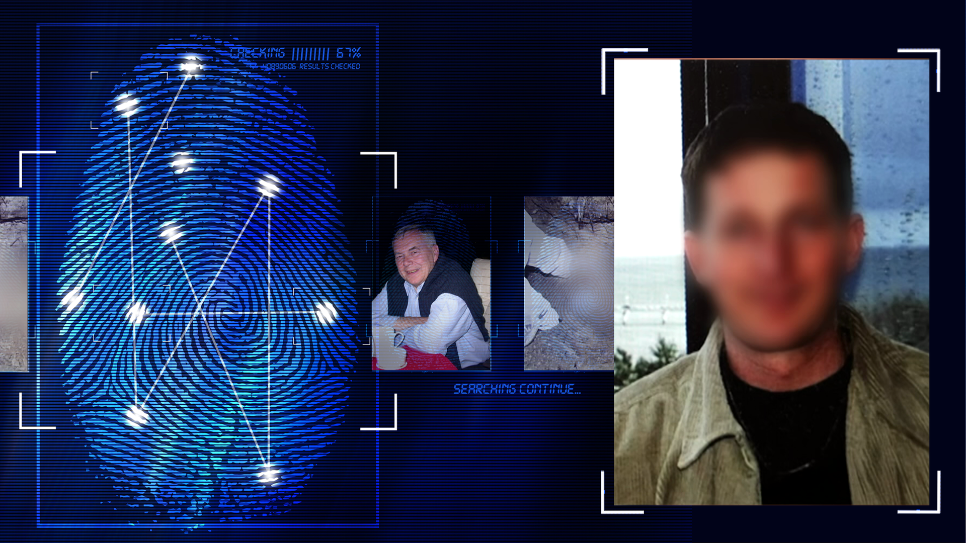 Portraitfoto eines ca. 35 Jahre alten Mannes. Er steht vor einem Fenster, trägt eine beige Jacke. Er lächelt in die Kamera, das Gesicht wurde technisch verfremdet. Er befindet sich im Haus, durch das Fenster ist schemenhaft eine grüne Landschaft zu erkennen. Eine Hälfte des Fenster ist durch einen halbdurchsichtigen Vorhang verziert. Links daneben: Lichtschematische Darstellung eines Fingerabdrucks.