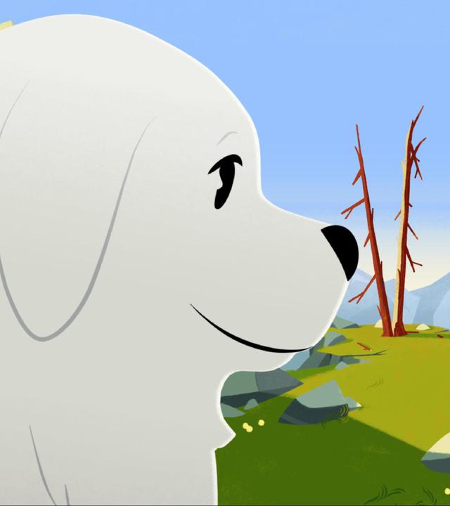 Belle, ein großer weißer Hund, und der Junge Sebastian schließen Freundschaft.