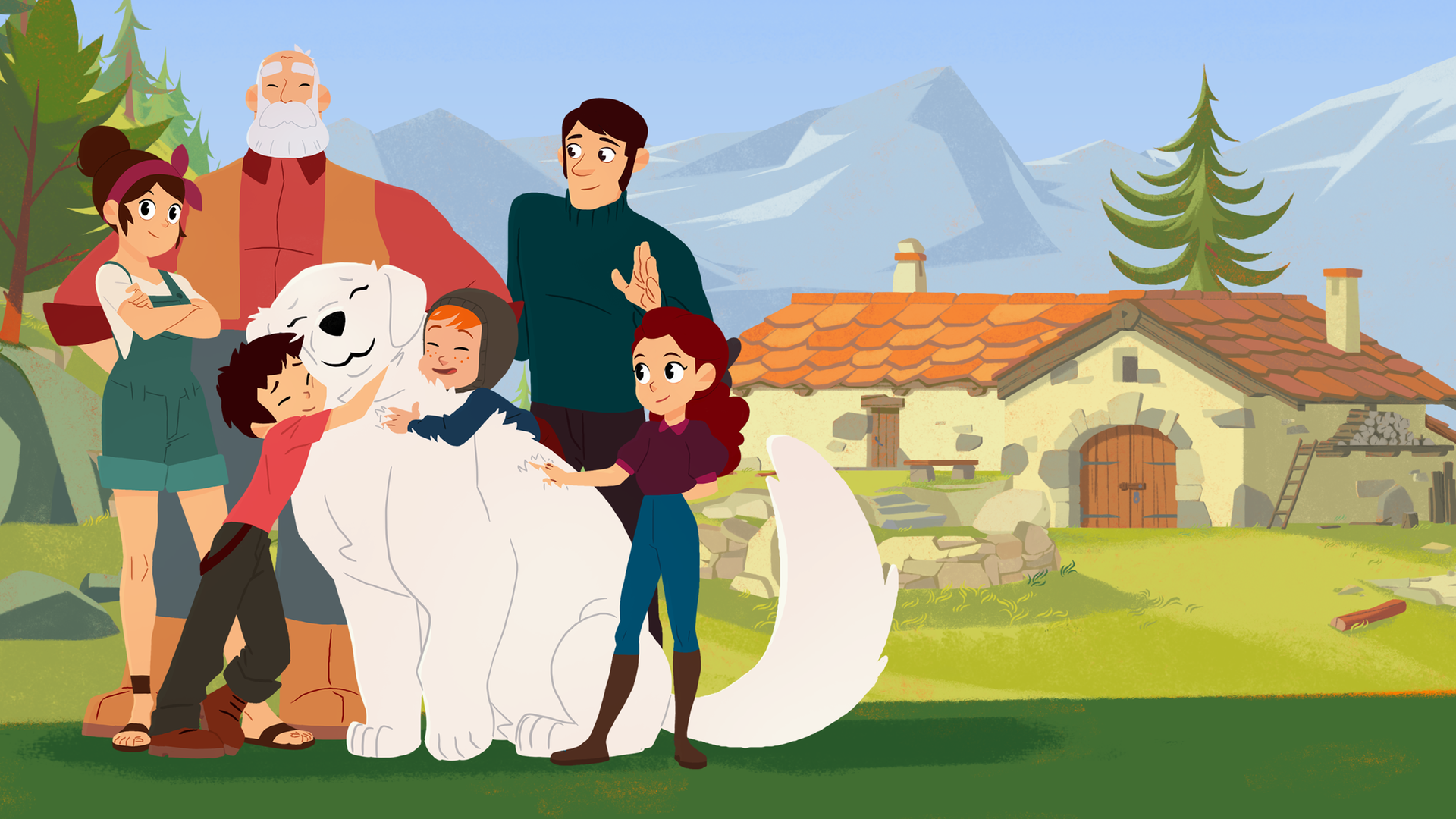 Angelina, Cesar, Samy, Adele, Belle und Sebastian vor einem Haus in den Bergen.