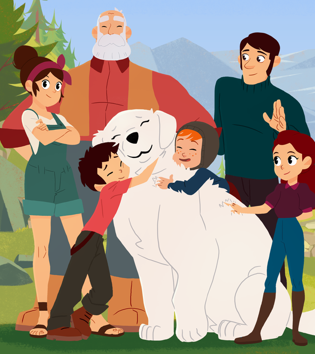 Angelina, Cesar, Samy, Adele, Belle und Sebastian vor einem Haus in den Bergen.