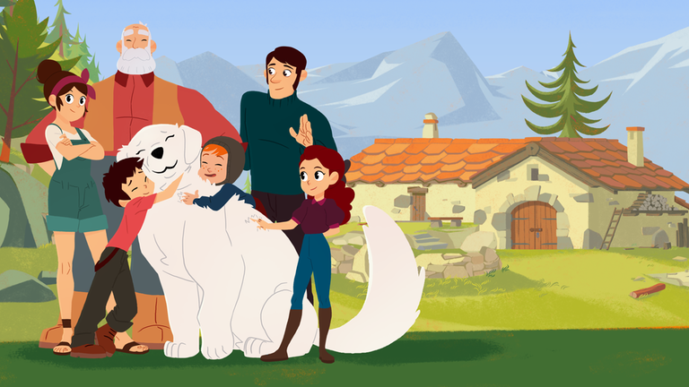 Angelina, Cesar, Samy, Adele, Belle und Sebastian vor einem Haus in den Bergen.