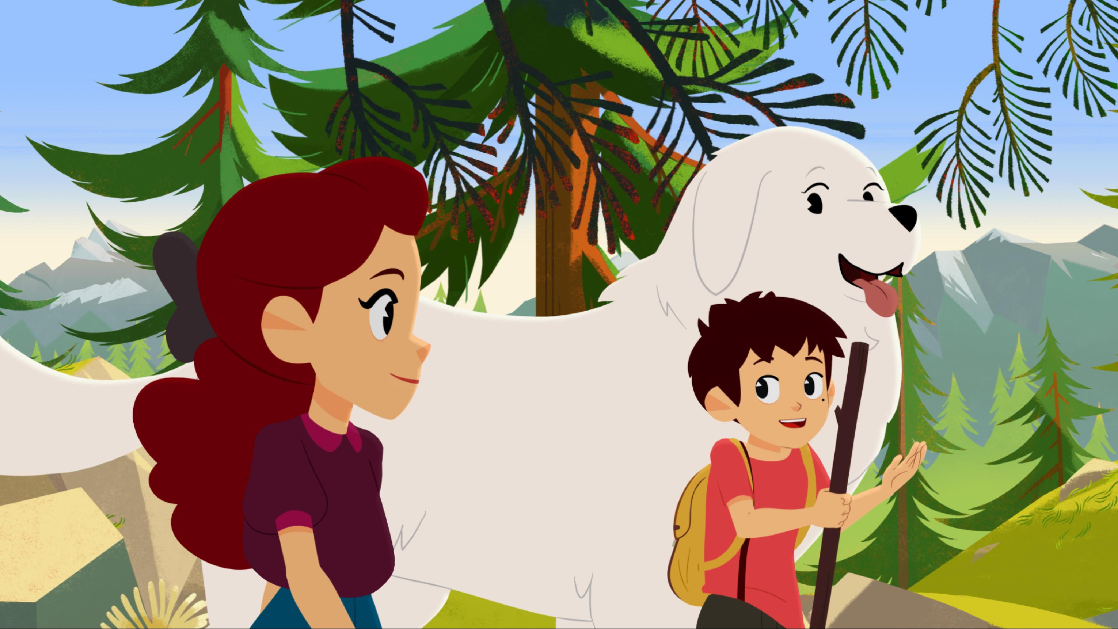 Belle und Sebastian laufen durch den Wald. Sebastian hält einen Stock in der Hand. Nebenher läuft Adele.