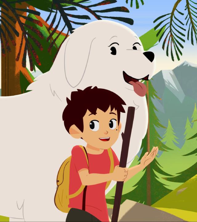 Belle und Sebastian laufen durch den Wald. Sebastian hält einen Stock in der Hand. Nebenher läuft Adele.