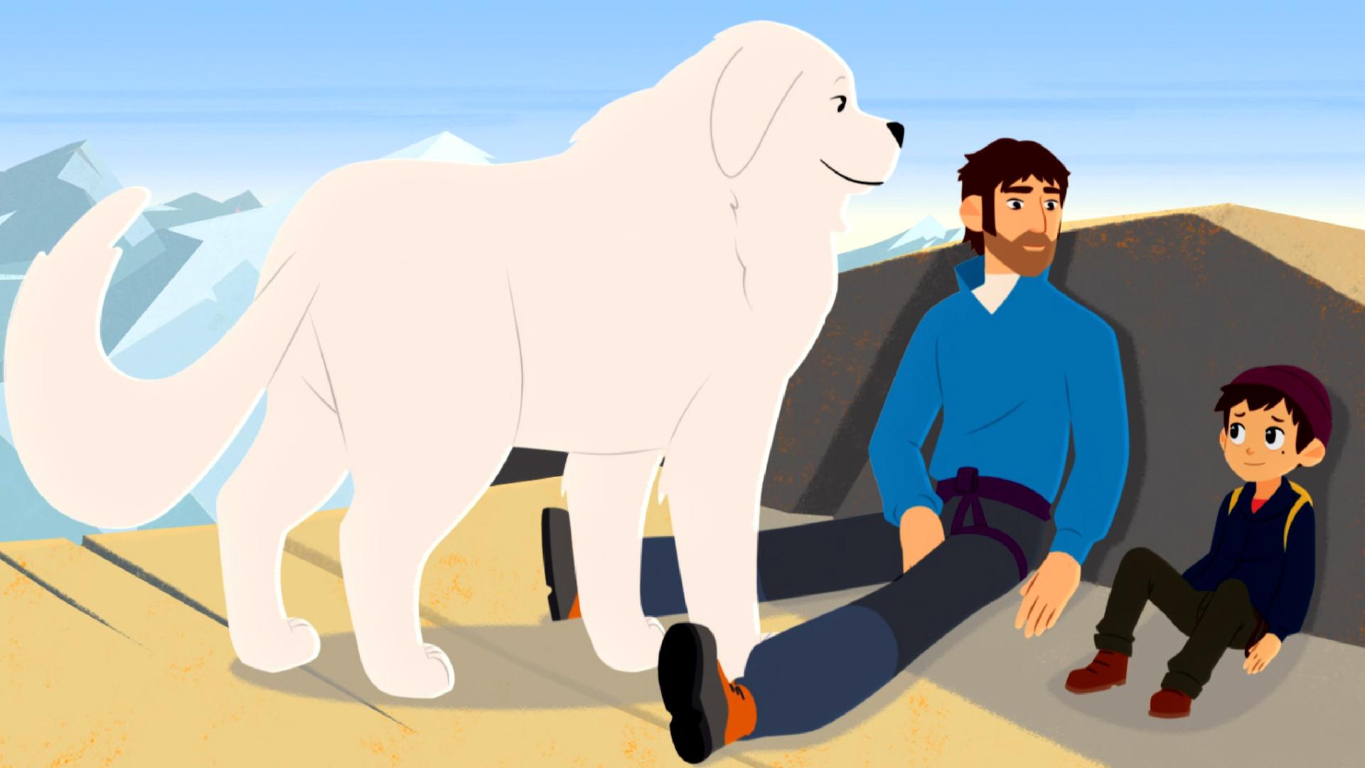 Sebastian sitzt mit einem Bergsteiger auf einem sehr hohen Berg. Belle steht daneben.